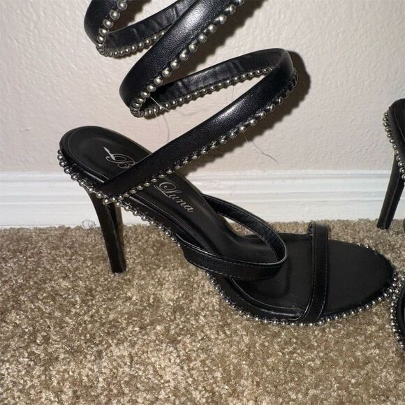 Bella Luna Women's Black silver Studded up the calf Stiletto Sandals Size 9 - Picture 1 of 10